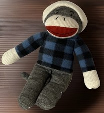 Sock Monkey Genuine Gray With Blue Cap Plaid Shirt Lumberjack 12  Plush Stuffed