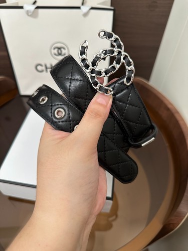 New CHANEL Belt Black Calfskin Leather Women's Belt Silver CC Buckle 30mm