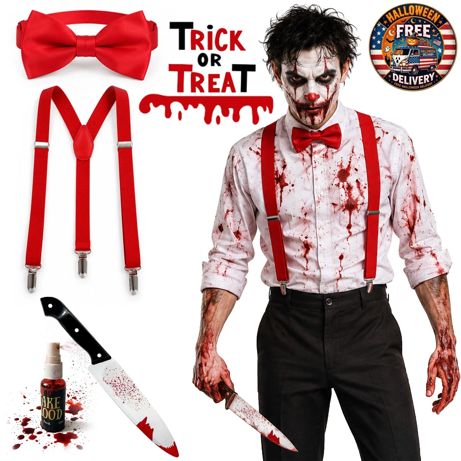 4 piece adult Halloween costume set with red braces, red bow tie, plastic bloody knife and fake blood spray