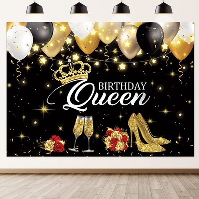 Black Gold Birthday Backdrop Banner, Queen Birthday Backdrop Background for W...
