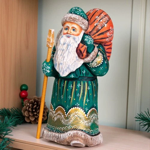 Russian Santa with Gift Bag 9 in, Hand Carved, Christmas Mantel Decor, Signed