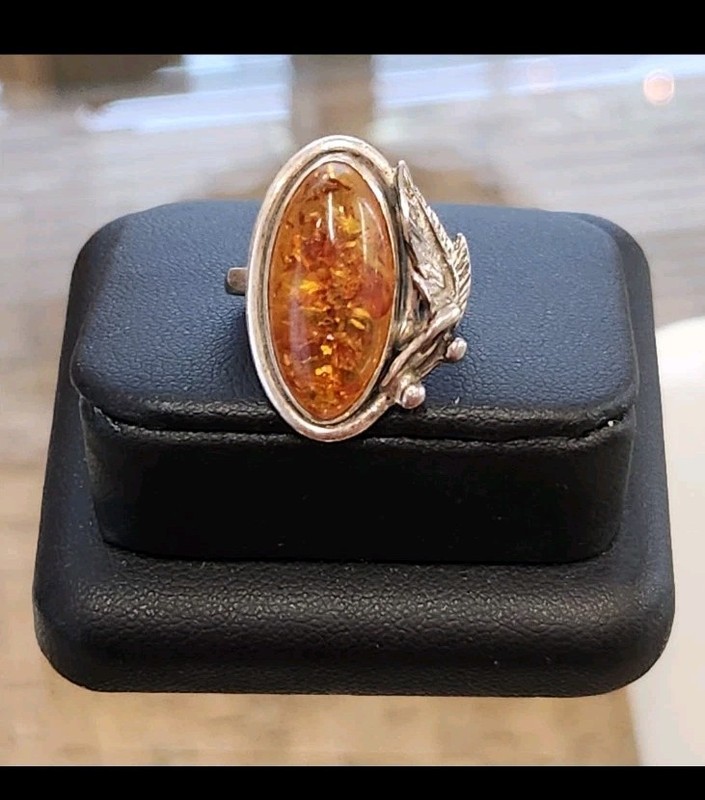 Vtg 70s Navajo Sterling Amber Feather SZ 6 Ring