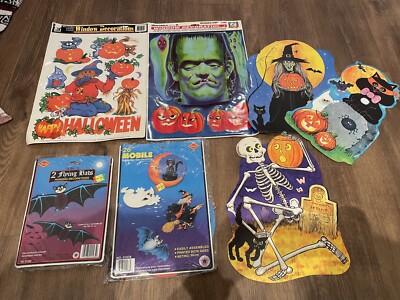 Vintage 1980s Lot Halloween Die Cut Decorations Witch Black Cat Pumpkin Hanging