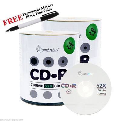 200 Smartbuy Logo 52X CD-R 700MB 80Min Blank Media Disc + Black Permanent Marker