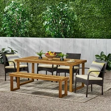 Stonecrest Outdoor 6-Seater Wood and Wicker Chair and Bench Dining Set