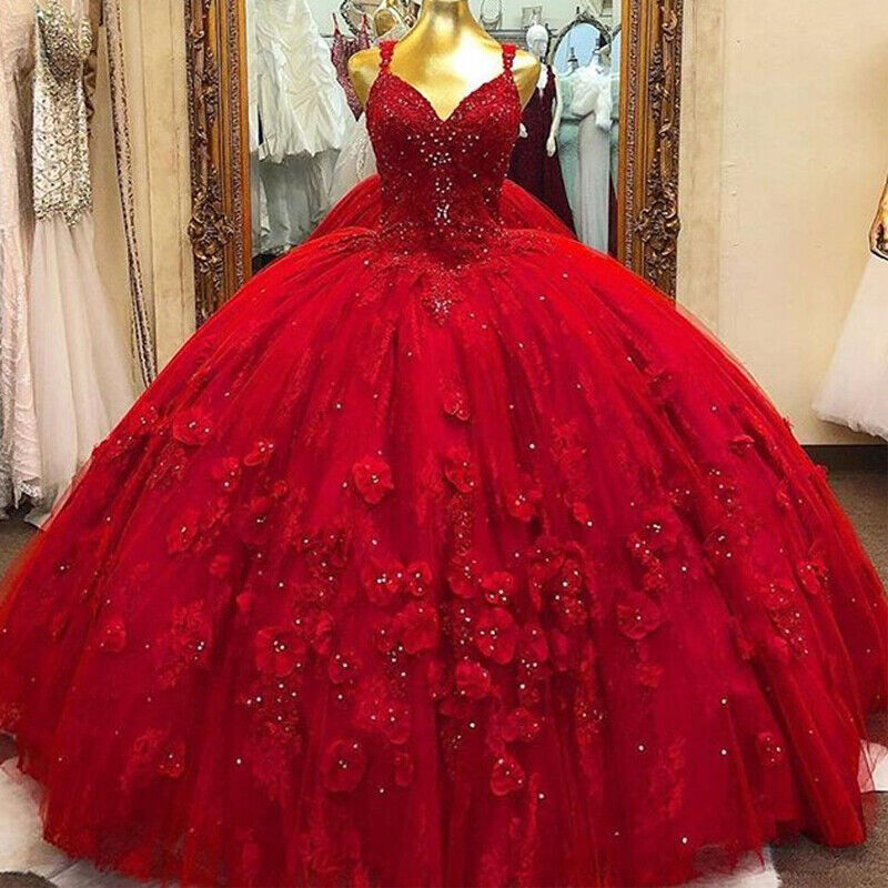 Vermelho Sparkly Quinceanera Vestidos 2021 Lace Applique Frisado