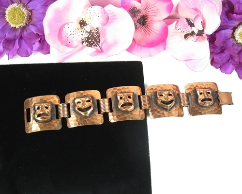 Vintage COMEDY TRAGEDY MASKS COPPER Bracelet Theater Acting Square Links 7 1/4"