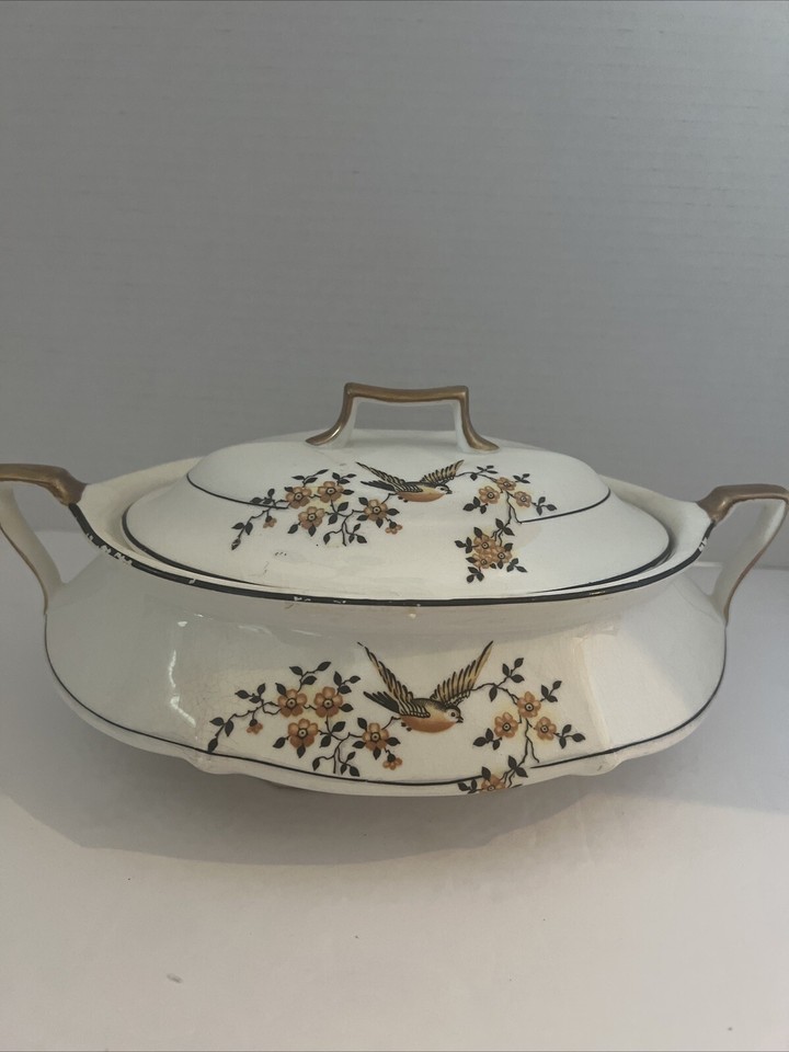 VTG Limoges China Co., Ceramic & Porcelain Bird&Flowers Tureen USA