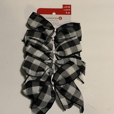 Set of 6 BOWS Christmas ORNAMENTS White  Black Buffalo Check Plaid Fabric New