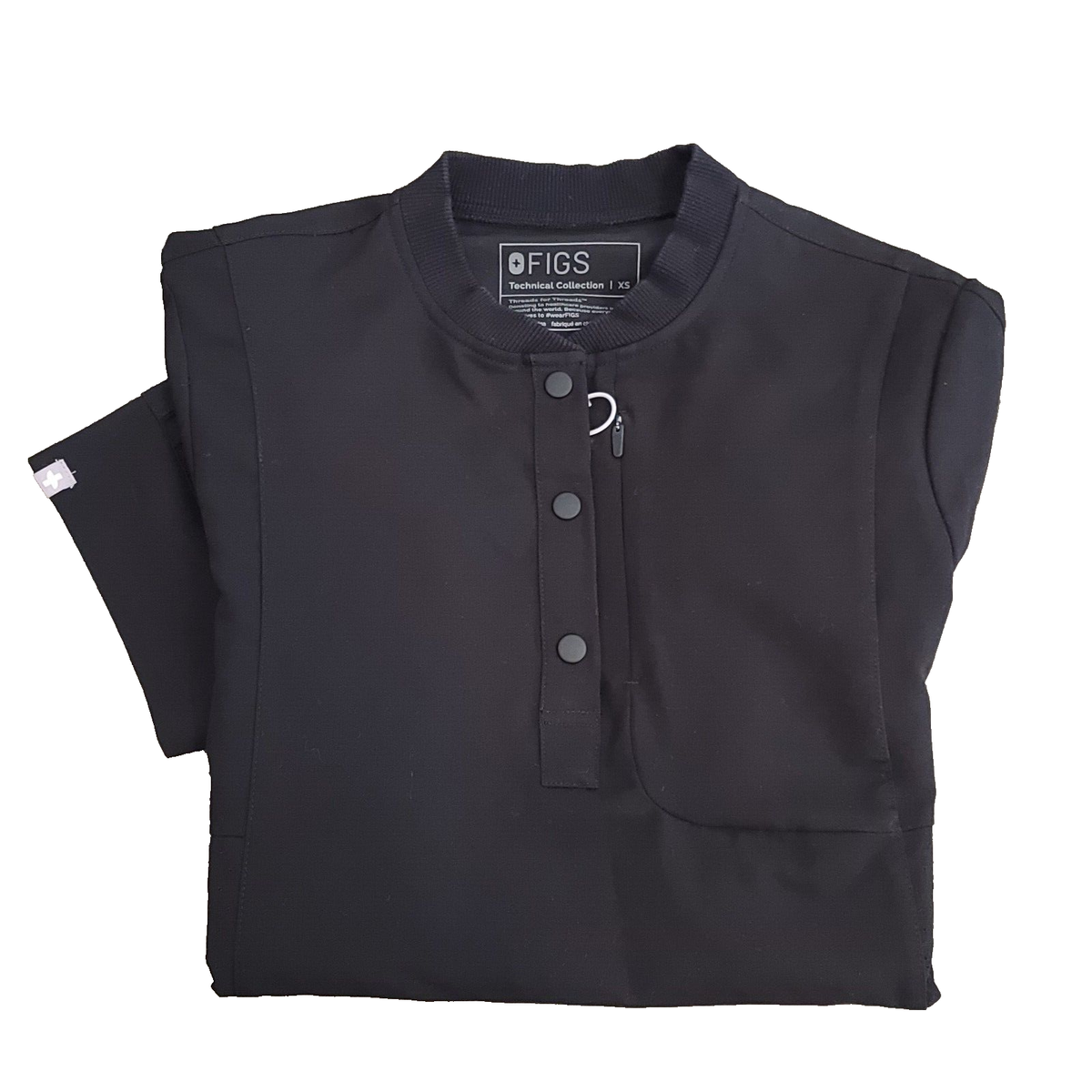 FIGS Scrubs Technical Top Women XS Zip Pocket W22SW1002 Black