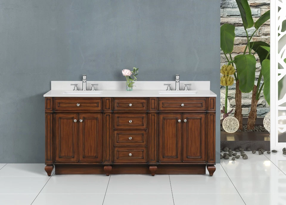 Elemento de diseño 72 pulgadas Winston WN-72-BR doble fregadero blanco cuarzo superior tocador de nogal Foto 2 de 4