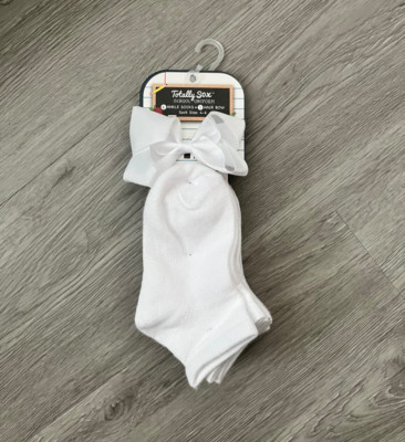Totally Sox Girl's White School Uniform Ankle Socks & Hair Bow Sock Size 4-6