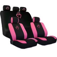 For Vw Black Pink Heart Car Seat Covers Headrest 9pc Set Universal Fit