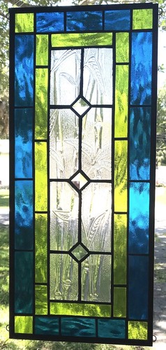 CLASSIC STYLE 23" x 10" real stained glass window panel hangs two ways