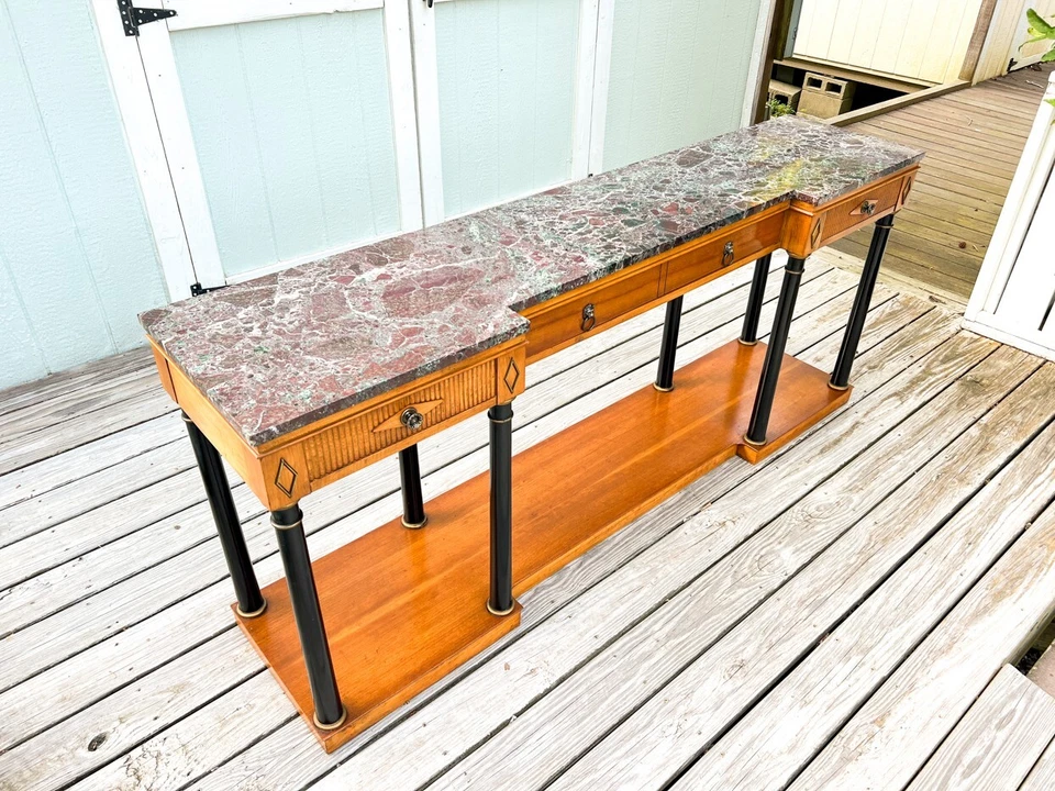 Mesa sofá consola Biedermeier vintage años 60 Widdicomb con tapa de mármol cerezo Foto 4 de 4