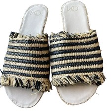 Women's Black and Natural Fringed Raffia Slide