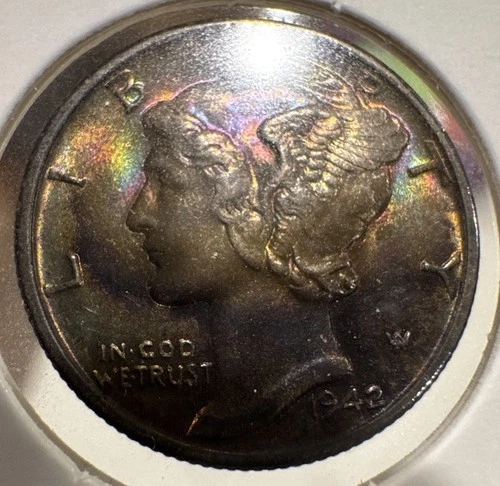 1942 Mercury Dime. Colorful Rainbow Toned Gem BU
