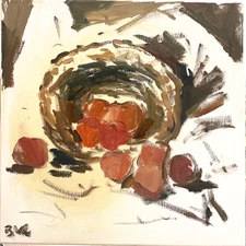 Small Still Life Oil Painting Apples Basket Expressionist Original Signed 12x12