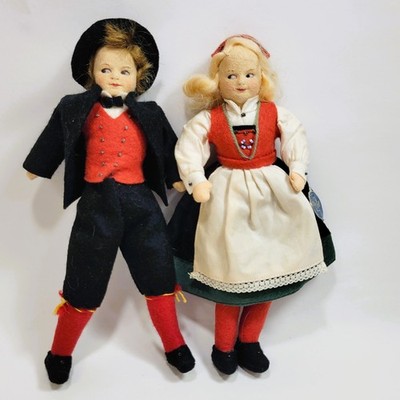 2 Vintage Ronnaug Petterssen Norwegian  Felted Boy and Girl Doll Set