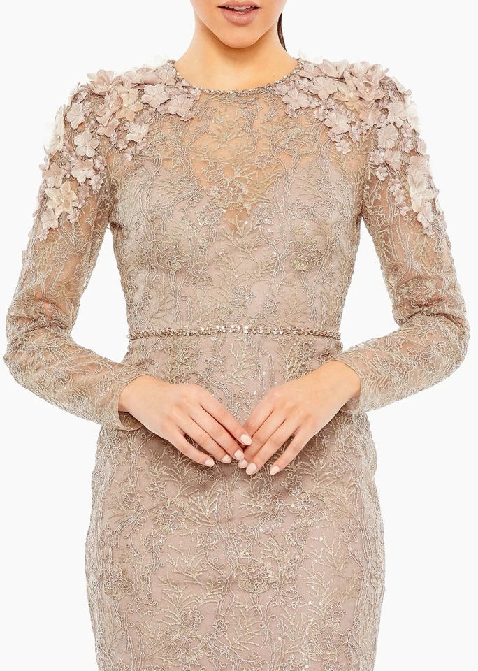 Vestido MAC DUGGAL 18 Taupe 11323 Adornado Hombro Floral Manga Larga Nuevo sin Etiquetas Raro Foto 3 de 4