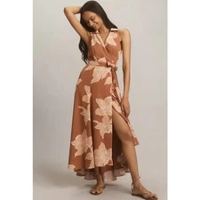 Hutch V Neck Sleeveless Full Wrap Dress Taupe Florals Size Medium Petite