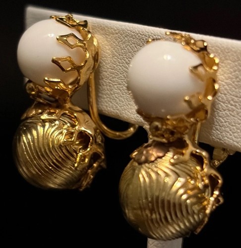Signed Miriam Haskell Milk Glass Cabochon Drop Clip Earrings Gold Tone Vintage