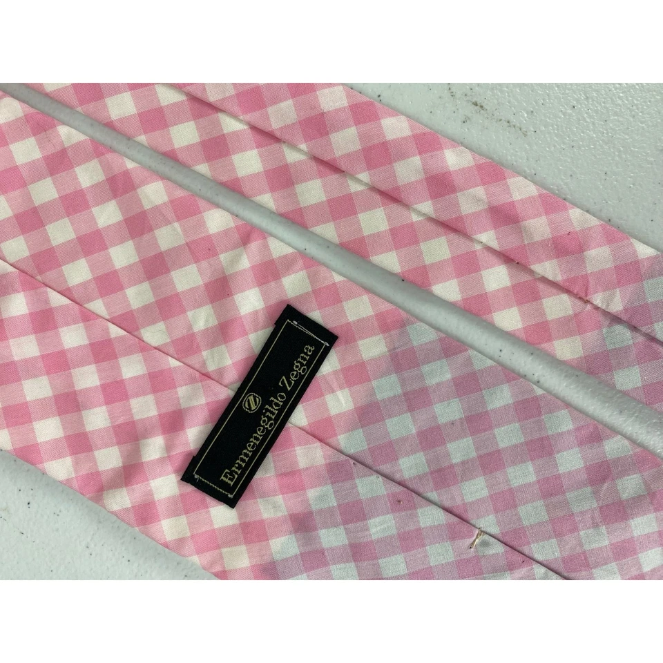 Men Ermenegildo Zegna Italy cotton pink gingham plaid check graphic neck tie - Image 4 of 4
