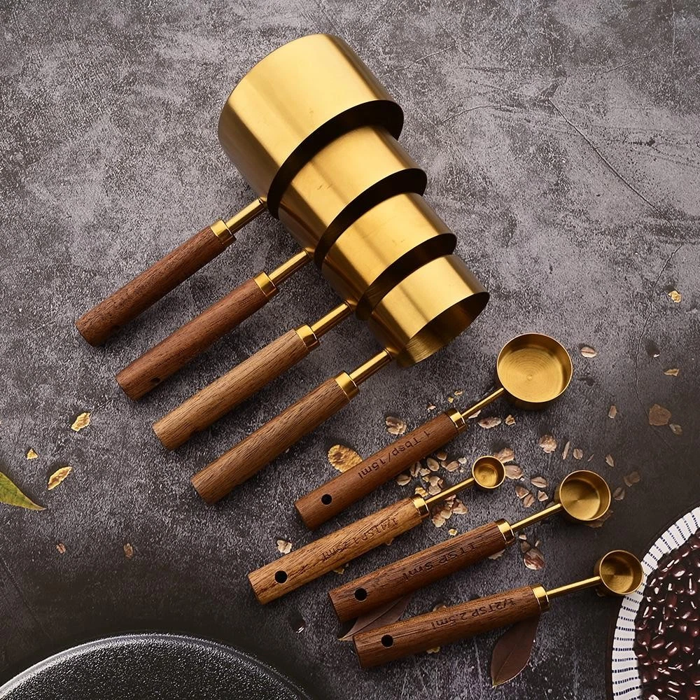 Gold Measuring Cups & Spoons Set Stainless Steel Wooden Handle Baking Tool