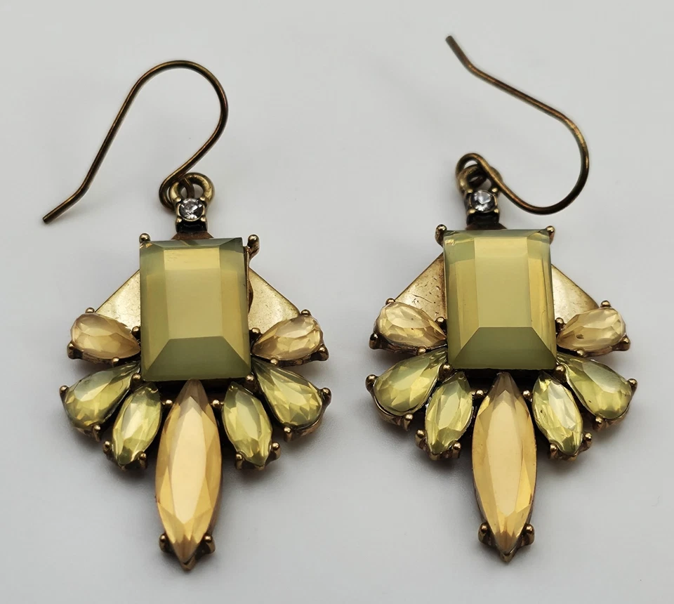 Vintage Gestempelt J.Crew Goldfarben Lang Gelb Kunst Glas Durchbohrt Ohrringe - Bild 2 von 3