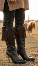 New Women Brown Boots Topper Faux Suede Leather Fringes Winter Flower Charm Pair