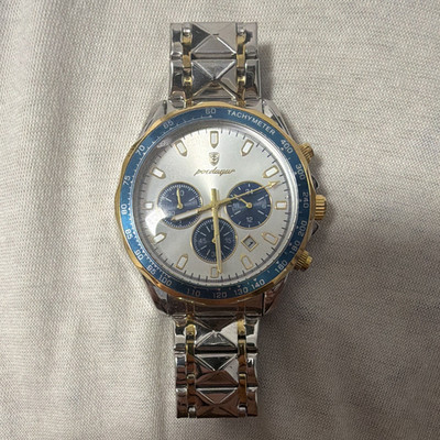 Poedagar Herren Armbanduhr Chronograph Tachymeter Edelstahl bicolor blau