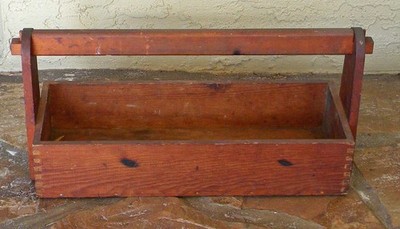 Vtg 18'' Unique Wooden Carpenters Tool Box Caddy w Dovetail Joints, Block Pins