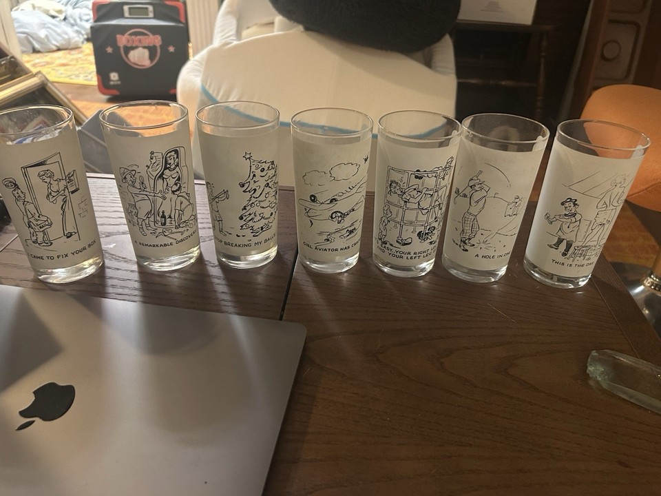 Mid-century Cobean cartoon tumblers with cheeky adult-humor illustrations — the 1950s knew how to party.