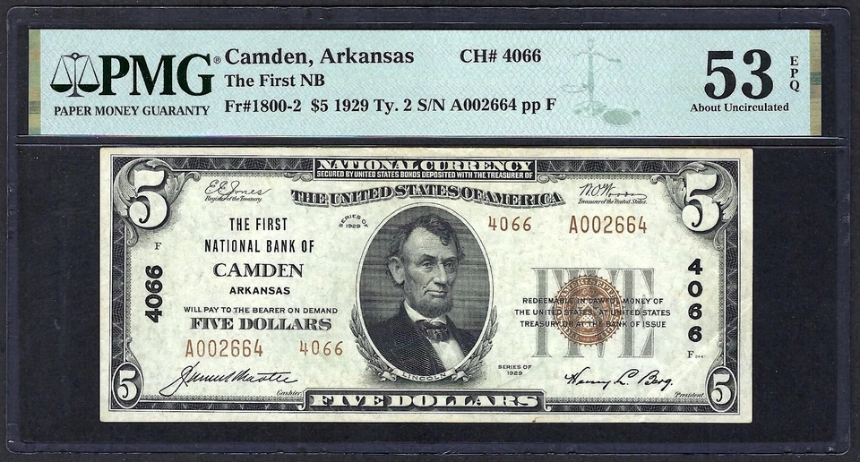 🇺🇸 AR 1929 $5 TYPE-2 ♚♚CAMDEN, ARKANSAS♚♚ PMG ABOUT UNC 53 EPQ BEST KNOWN! - Image 2 of 3