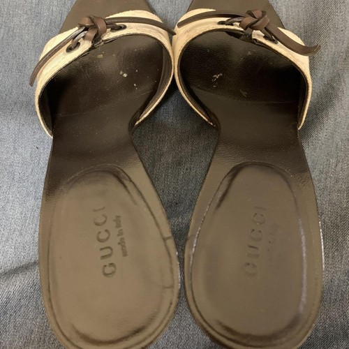 GUCCI Mules Sandals Heel GG Ribbon Canvas Beige EU36.5/US6.5 71503c - Picture 14 of 24