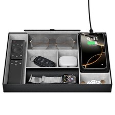 Valet Tray with Wireless Charger, Nightstand Organizer, Leather Desk Drawer O...