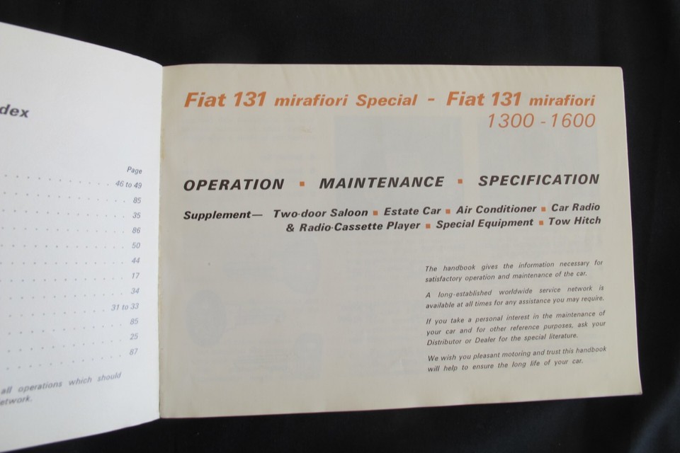 FIAT 131 MIRAFIORI SPECIAL, 1300, 1600 OWNER HANDBOOK SUPER CONDITION