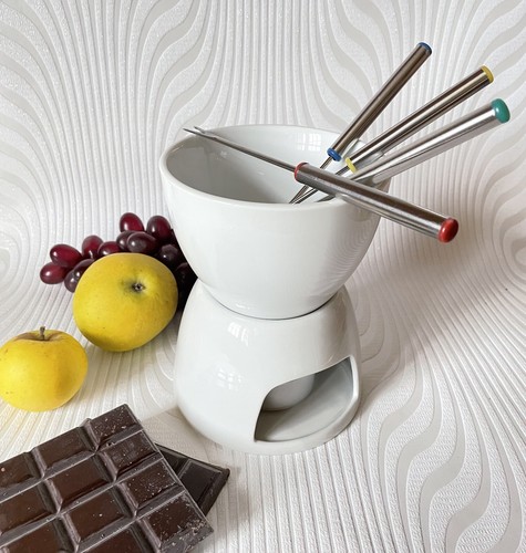 Service À Fondue Au Chocolat, En Céramique Blanc, Avec 2 Fourchettes En