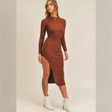 Mable Ribbed Mock Neck Sheath Bodycon Stretch Midi Dress S