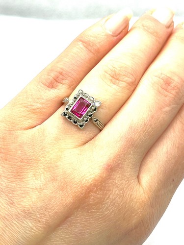 Antique Art Deco Sterling Silver Ruby Paste & Marcasite Ring Size M (US 6 1/2) - Picture 8 of 9