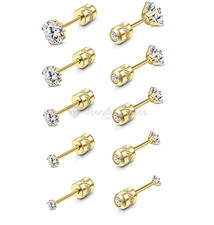 14K Yellow Gold Dipped Earrings Round Cubic Zirconia Ear Studs Surgical Steel