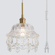 Modern Plug in Pendant Light with Crystal, Vintage Mini Hanging Light Glass