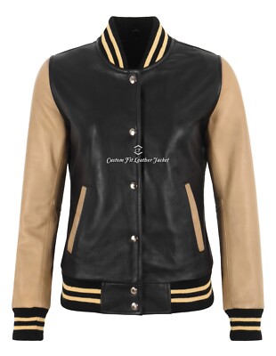 Damen Varsity Letterman Baseball schwarz beige Bomber Biker Echtleder Jacke