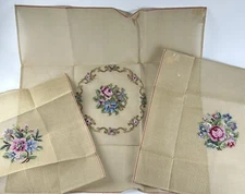 Completed Cross Stitch Set Of 3 Flowers Unframed Large Canvas Circles Vintage