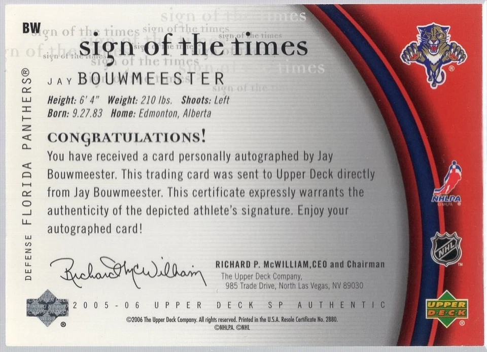 * 2005-06 SP Authentic - Sign of the Times #BW - JAY BOUWMEESTER - Image 2 of 2