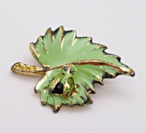 Bug on Leaf Rhinestone Lapel Pin Gold Tone Vintage Green