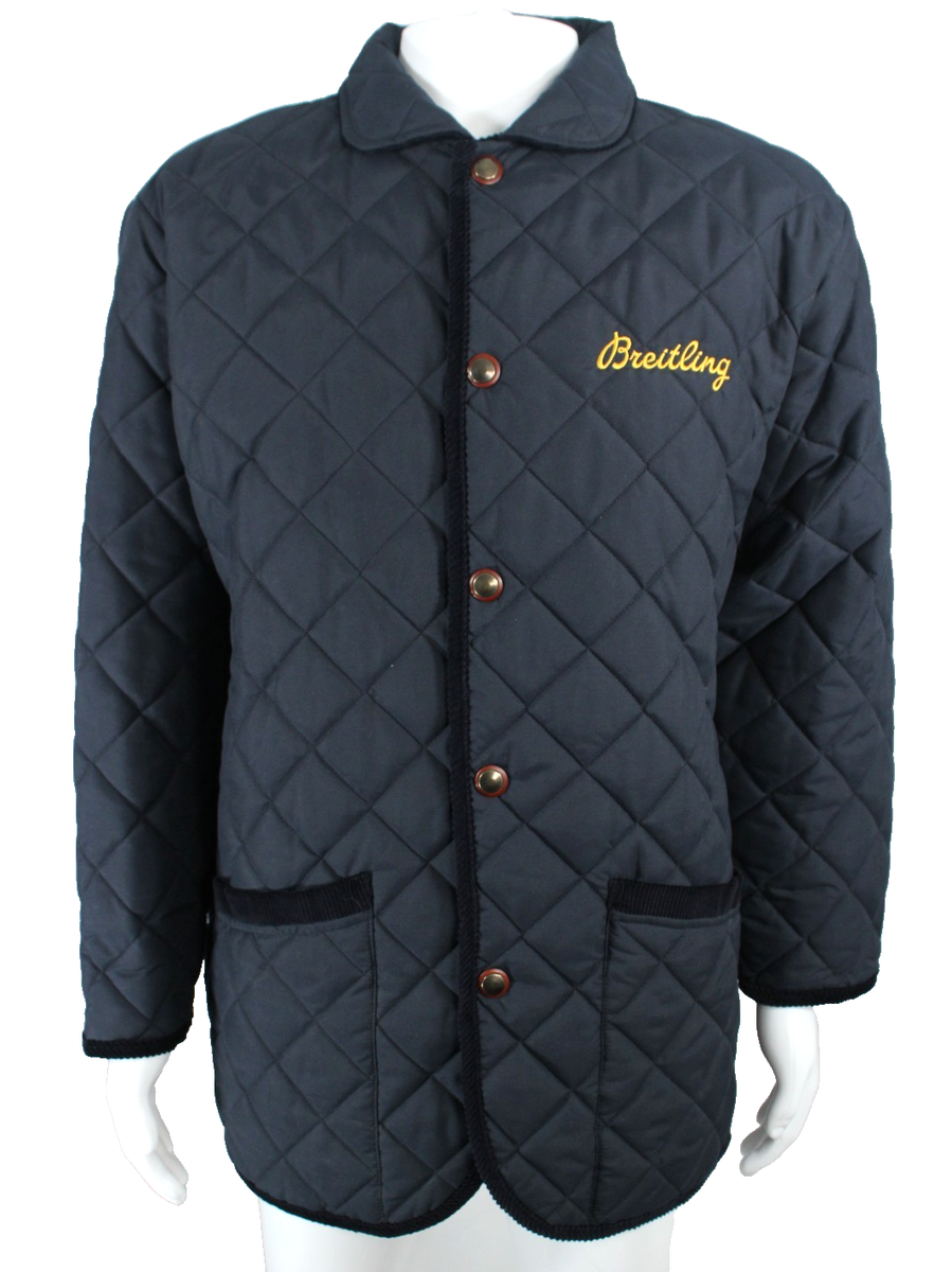 BREITLING Navy Blue Quilted Woven Snap-Front Logo Detail Men's