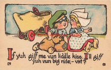 Dutch Children, Taylor Platt No 241,Dutch Boy Offering Ride in Shoe Car for Kiss
