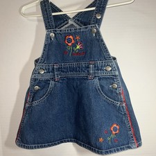Genuine Kids Oshkosh Baby Girl 12M Denim Overall Dress Embroidered Flowers