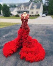 Red Mermaid Prom Dresses Beaded Crystal Ruffles High Slit Evening Party Gown